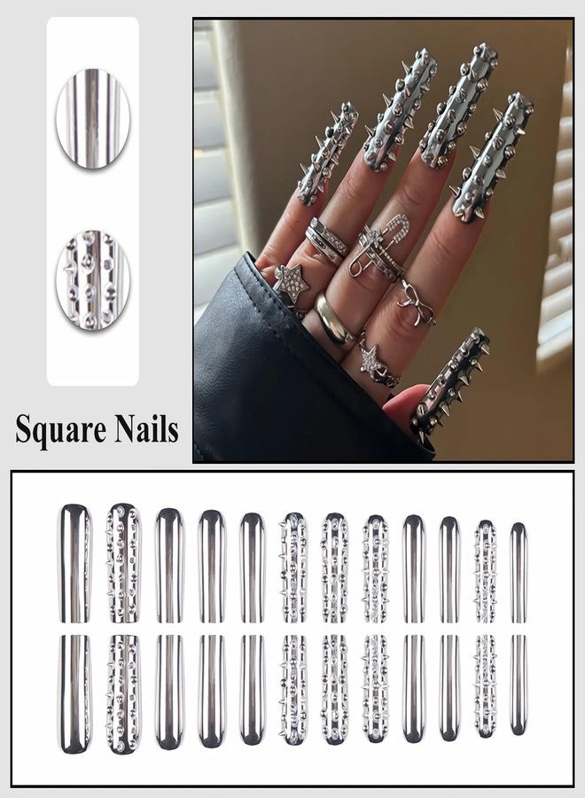 MISUD Press on Nails - Long Square Fake Nails with Silver Chrome, Acrylic Y2K Metallic Rivet Design 24 pcs - Image 5